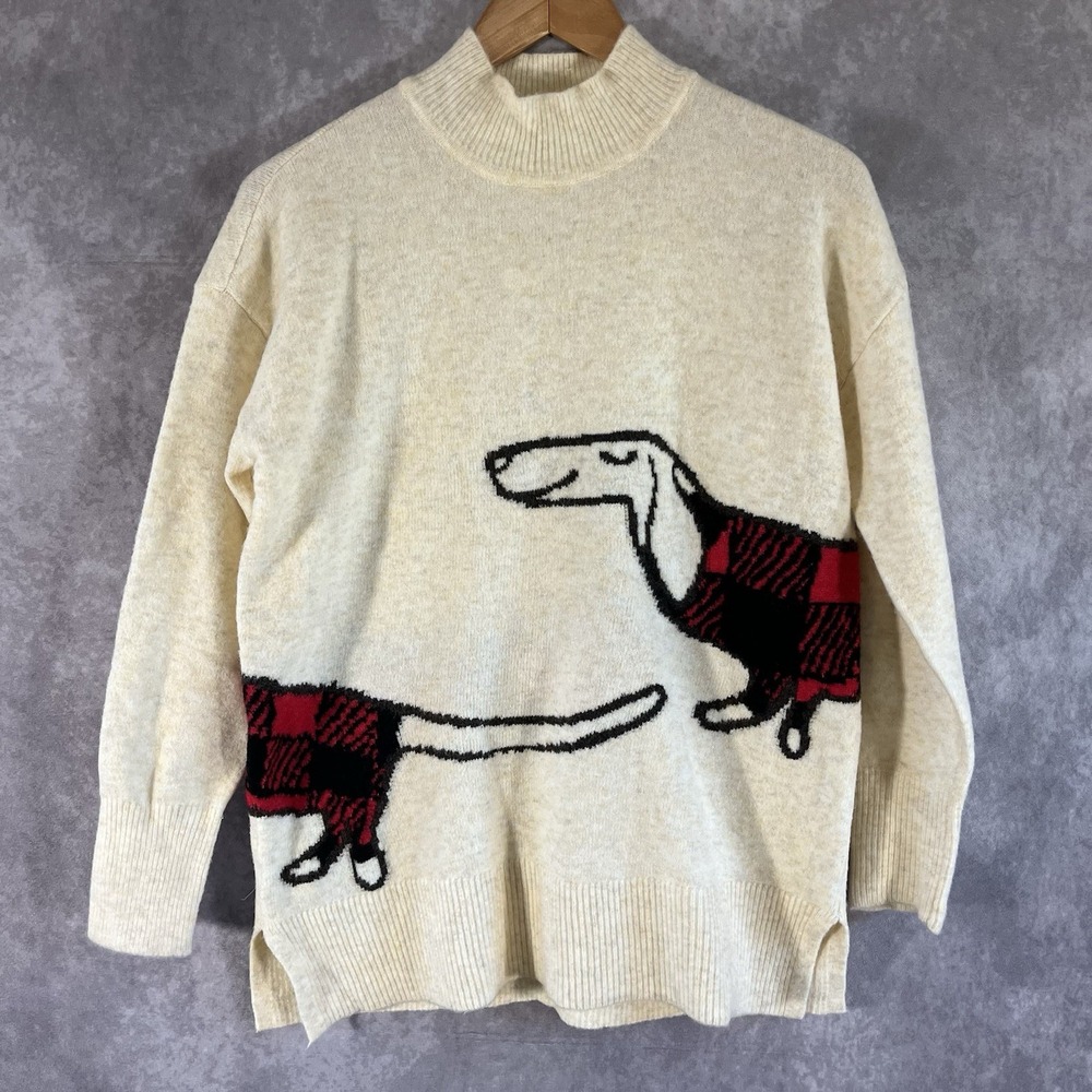 LOFT Sweater Womens Small Cream Dachshund Dog Buffalo Plaid Mock Neck Knit NEW